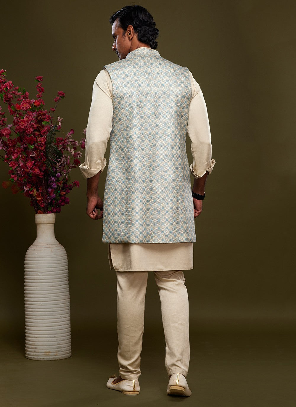 Digital Print Banarasi Silk Aqua Blue, Cream Kurta Payjama With Jacket - M6070