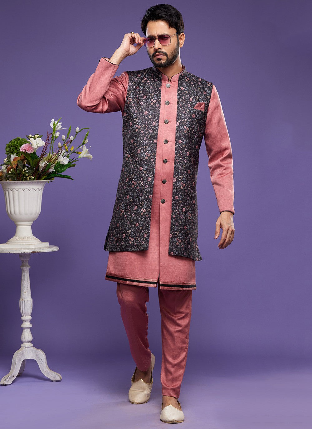 Digital Print Banarasi Silk Black, Pink Kurta Payjama With Jacket - M6062
