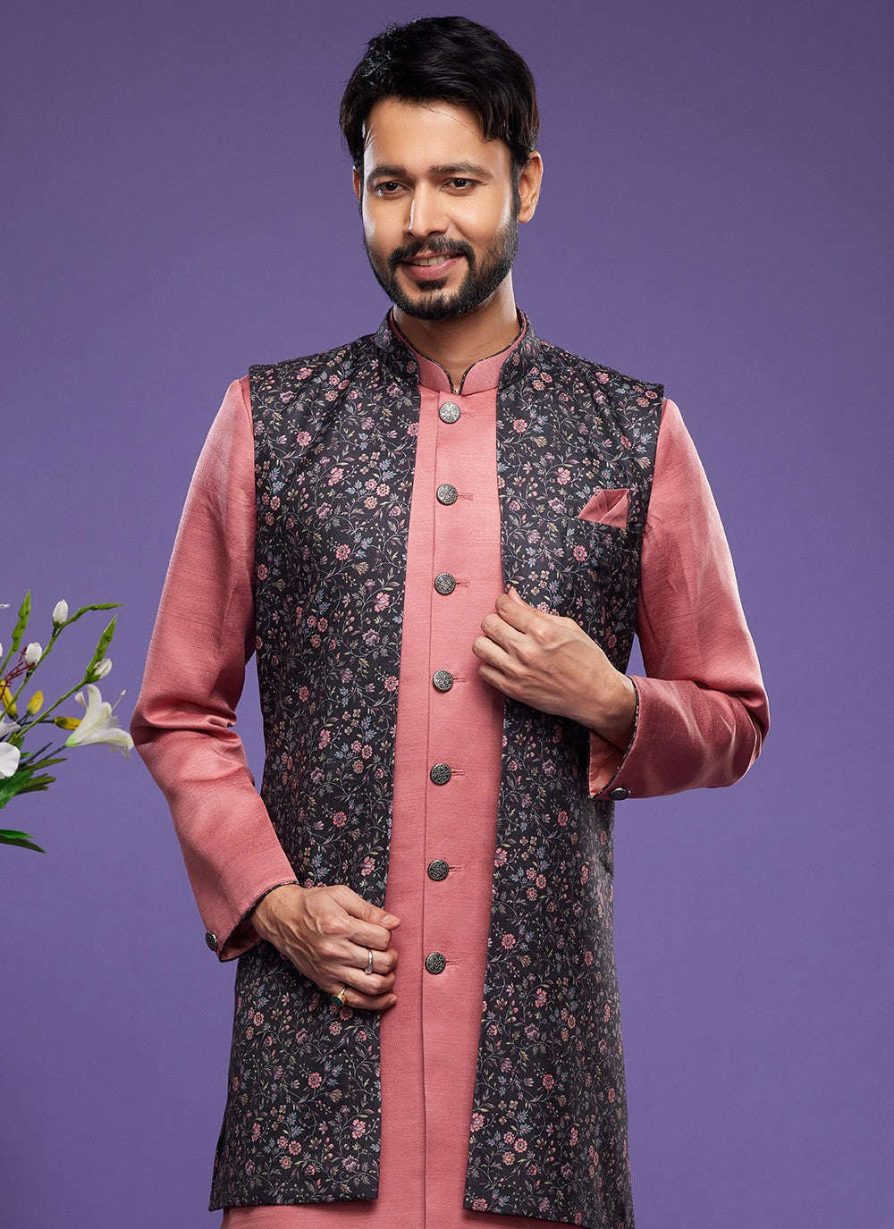 Digital Print Banarasi Silk Black, Pink Kurta Payjama With Jacket - M6062