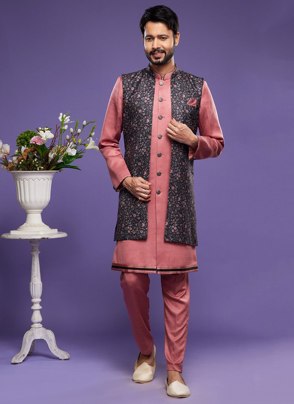 Digital Print Banarasi Silk Black, Pink Kurta Payjama With Jacket - M6062