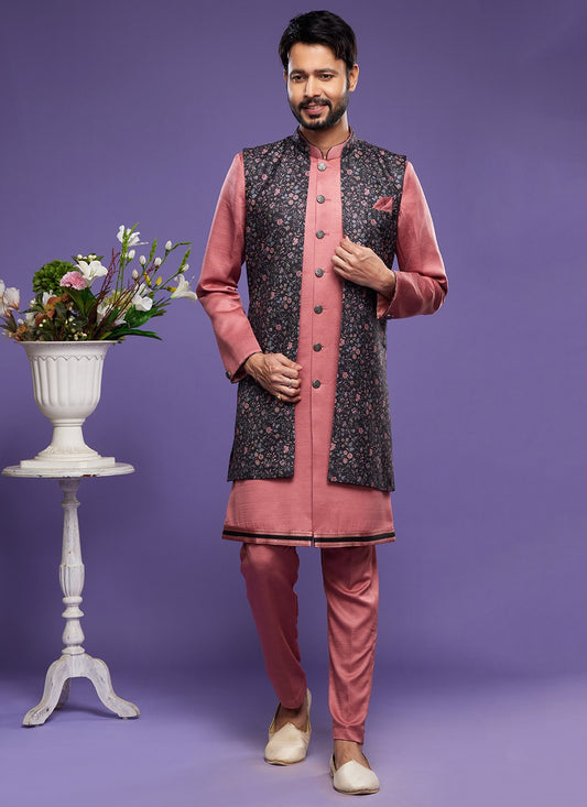 Digital Print Banarasi Silk Black, Pink Kurta Payjama With Jacket - M6062