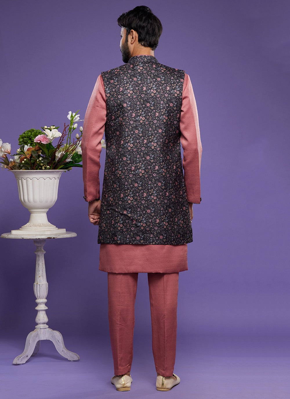Digital Print Banarasi Silk Black, Pink Kurta Payjama With Jacket - M6062