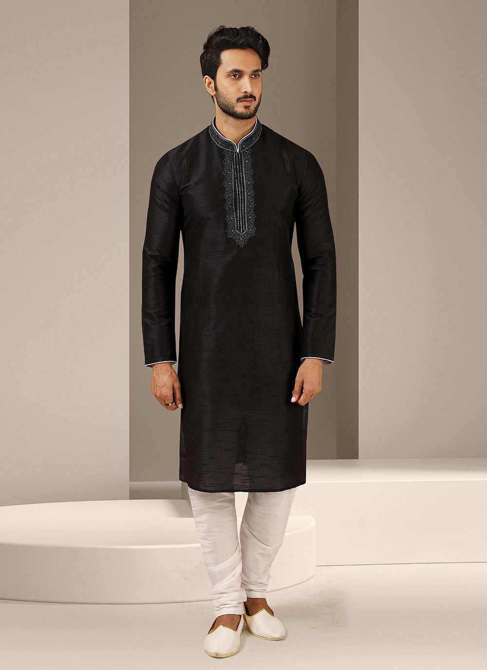Embroidered Banarasi Silk Black Kurta Pyjama - M3248