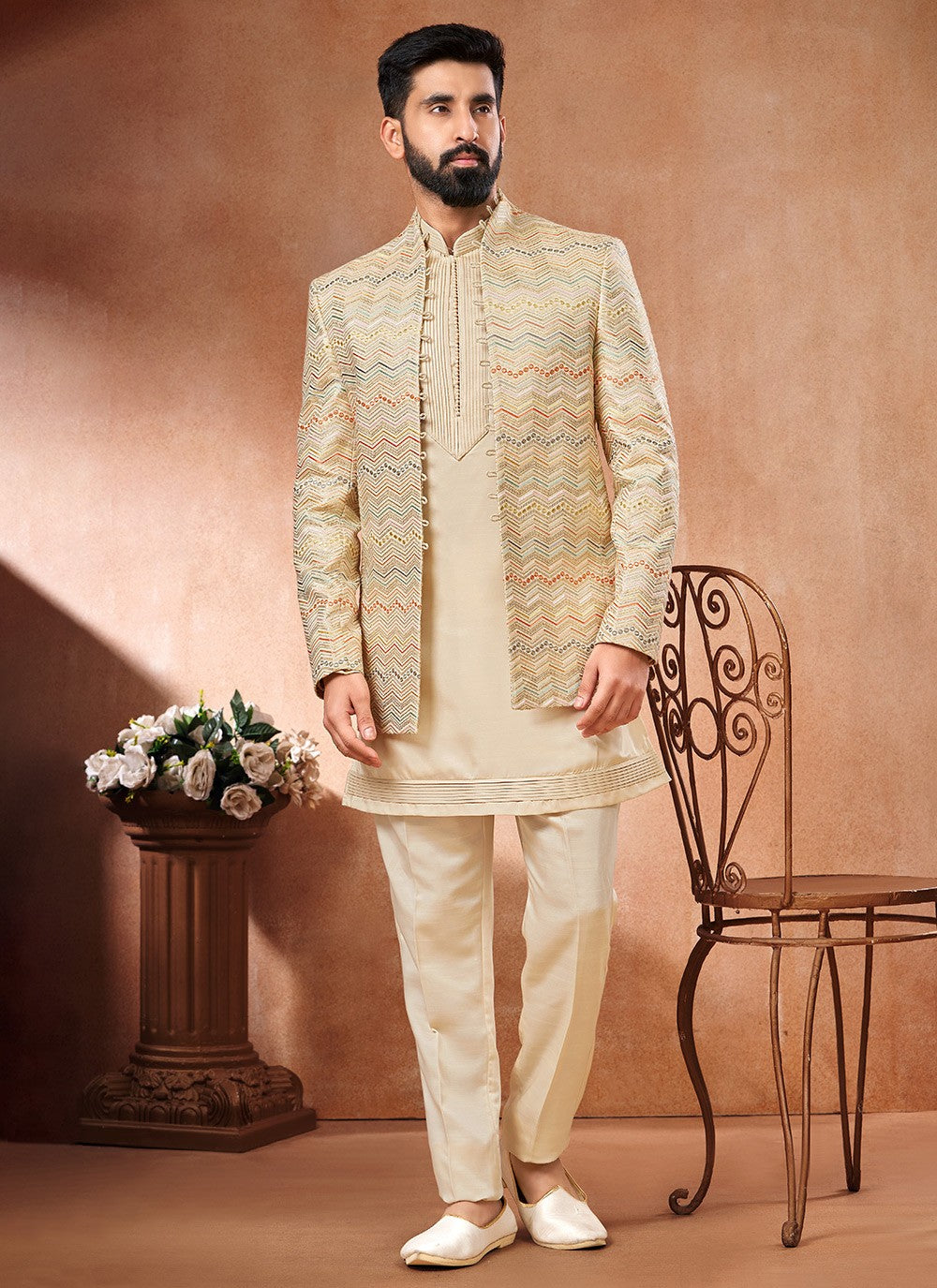 Embroidered Banarasi Silk Cream, Multi Colour Jodhpuri Suit - M6669