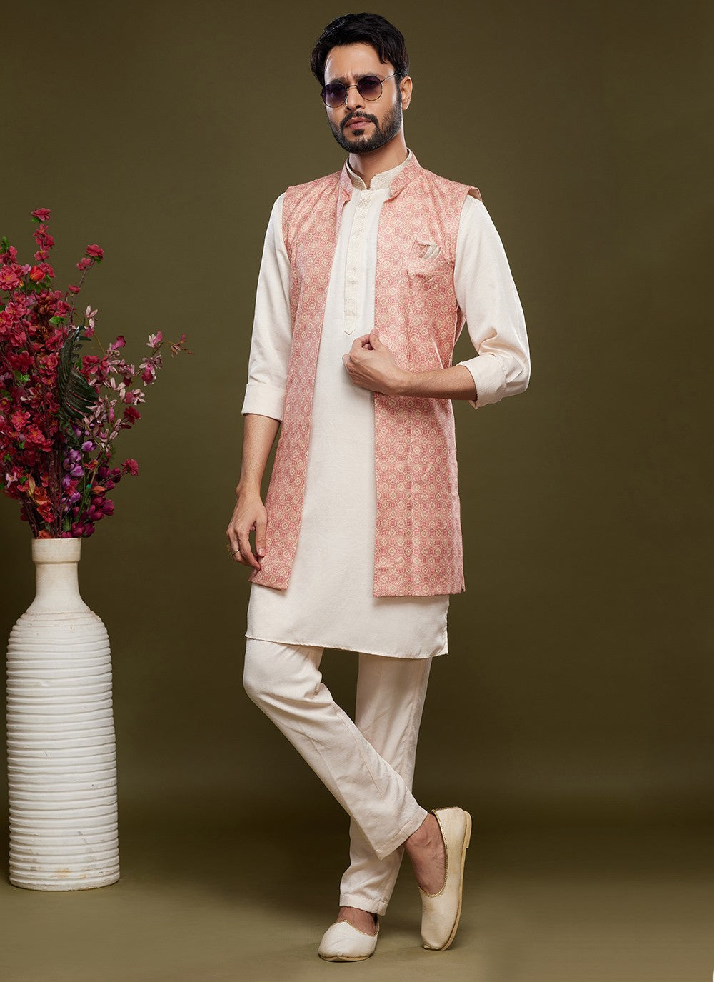 Digital Print Banarasi Silk Cream, Pink Kurta Payjama With Jacket - M6071