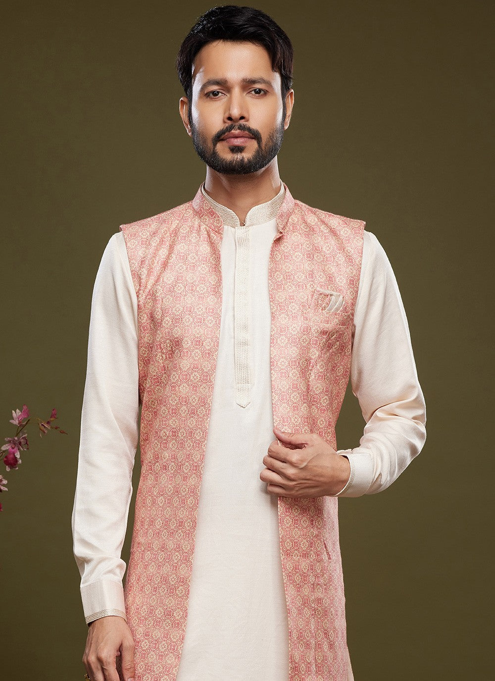 Digital Print Banarasi Silk Cream, Pink Kurta Payjama With Jacket - M6071
