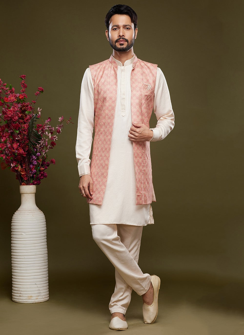 Digital Print Banarasi Silk Cream, Pink Kurta Payjama With Jacket - M6071