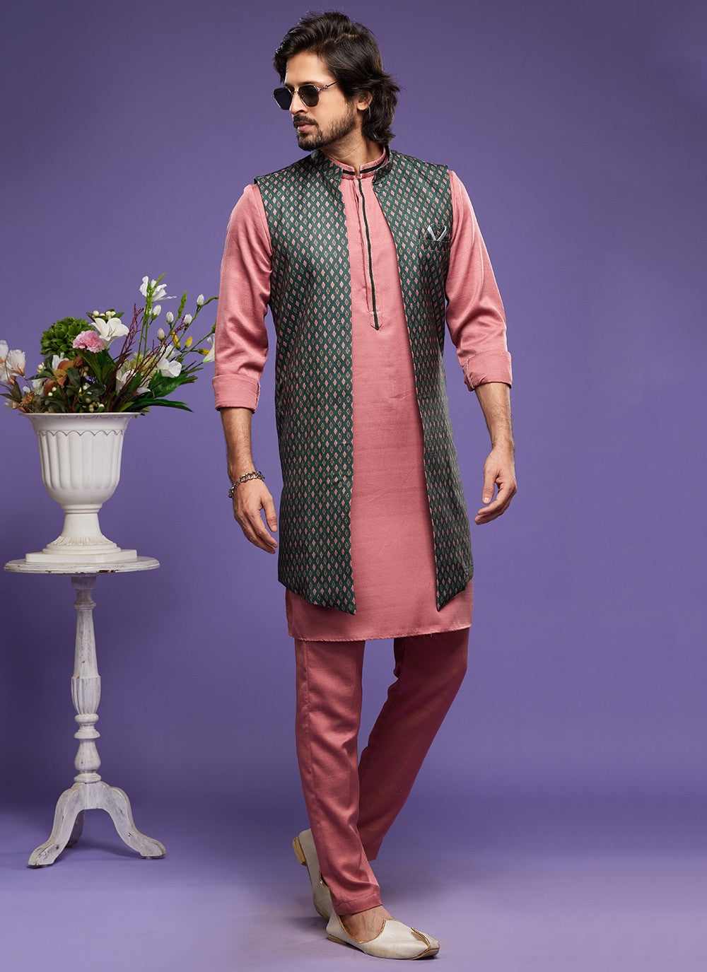Digital Print Banarasi Silk Green, Pink Kurta Payjama With Jacket - M6063