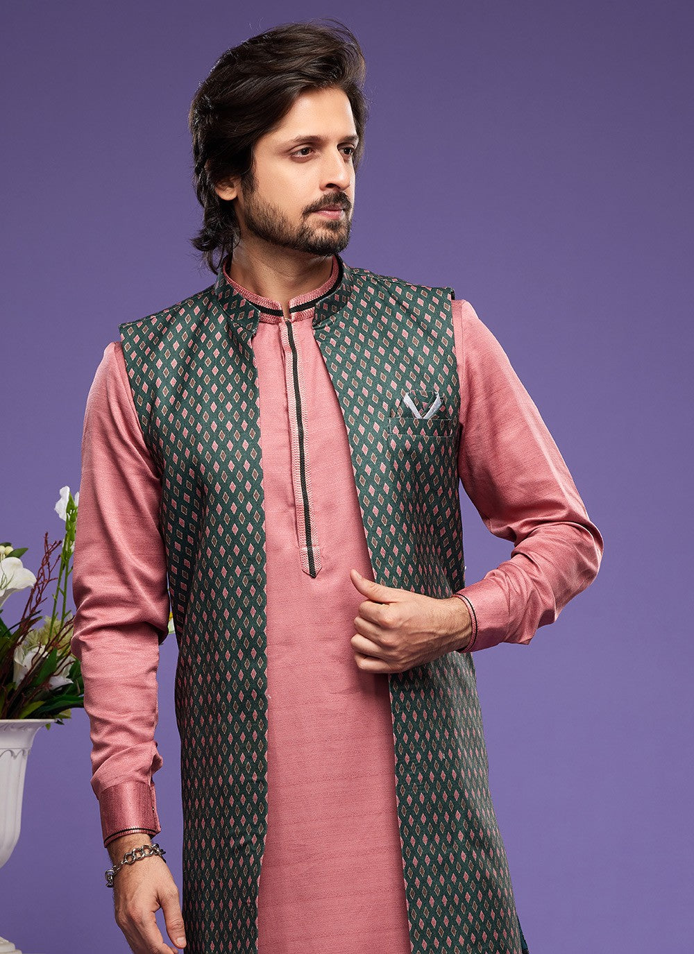 Digital Print Banarasi Silk Green, Pink Kurta Payjama With Jacket - M6063
