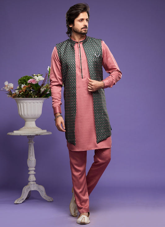 Digital Print Banarasi Silk Green, Pink Kurta Payjama With Jacket - M6063