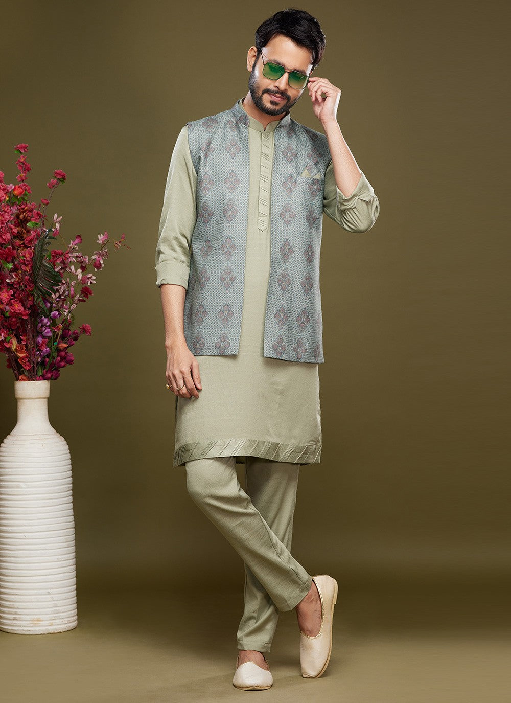 Digital Print Banarasi Silk Green Kurta Payjama With Jacket - M6073