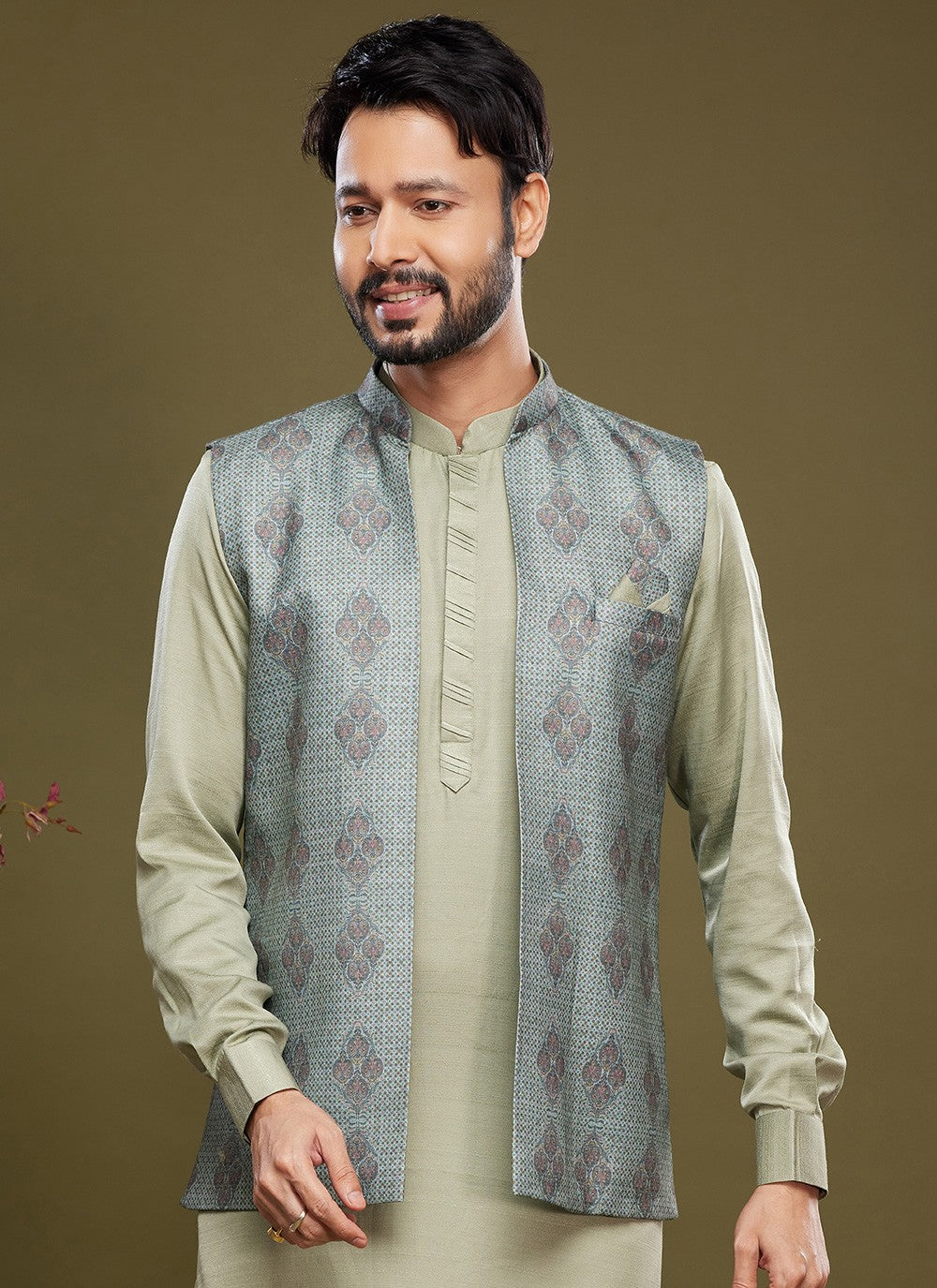 Digital Print Banarasi Silk Green Kurta Payjama With Jacket - M6073
