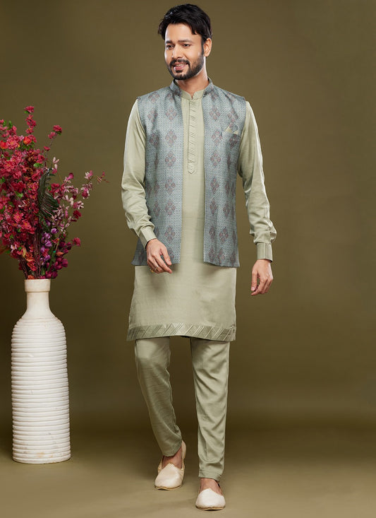 Digital Print Banarasi Silk Green Kurta Payjama With Jacket - M6073