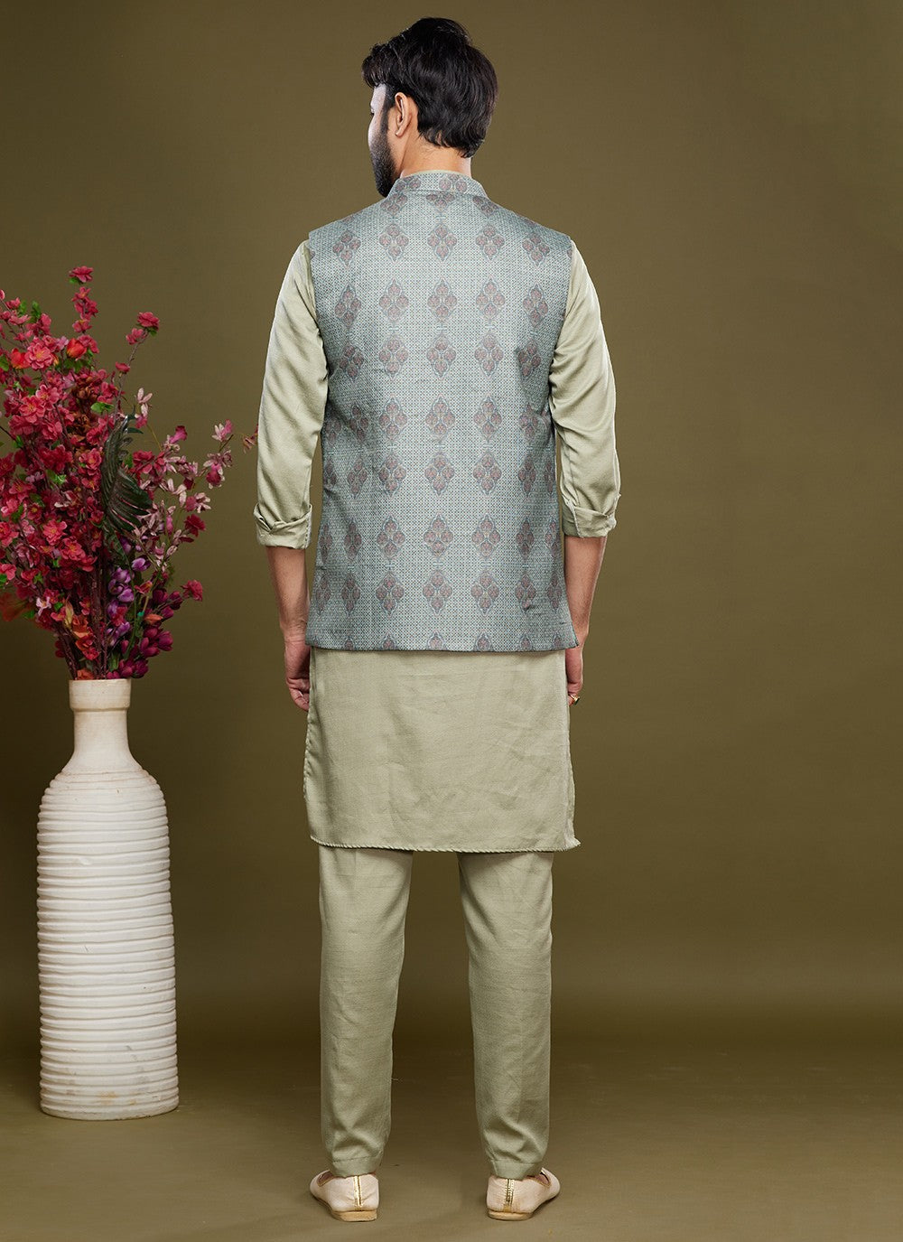 Digital Print Banarasi Silk Green Kurta Payjama With Jacket - M6073
