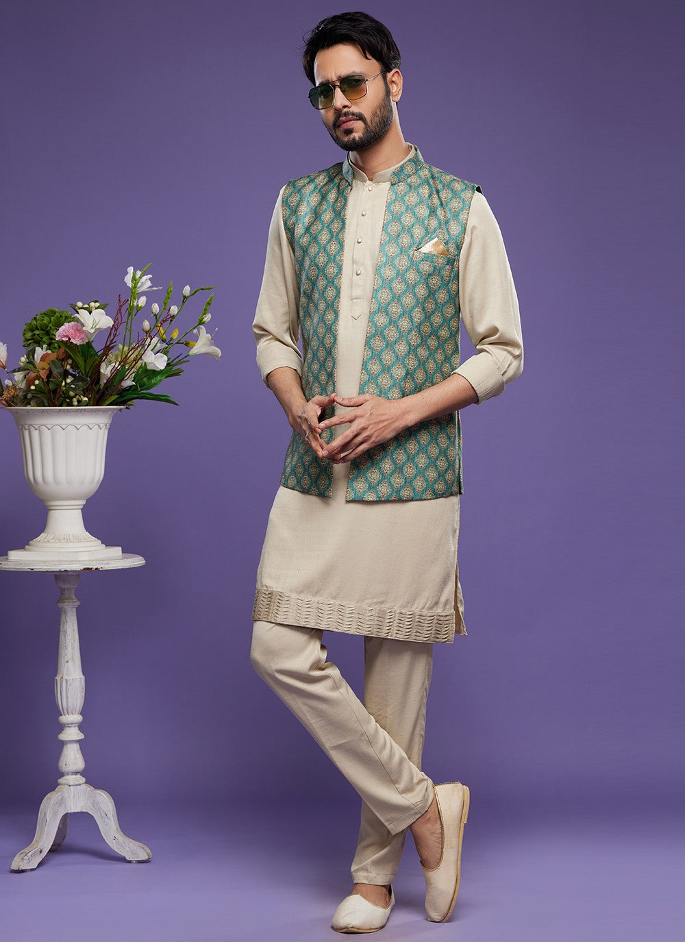 Digital Print Banarasi Silk Green Kurta Payjama With Jacket - M6075