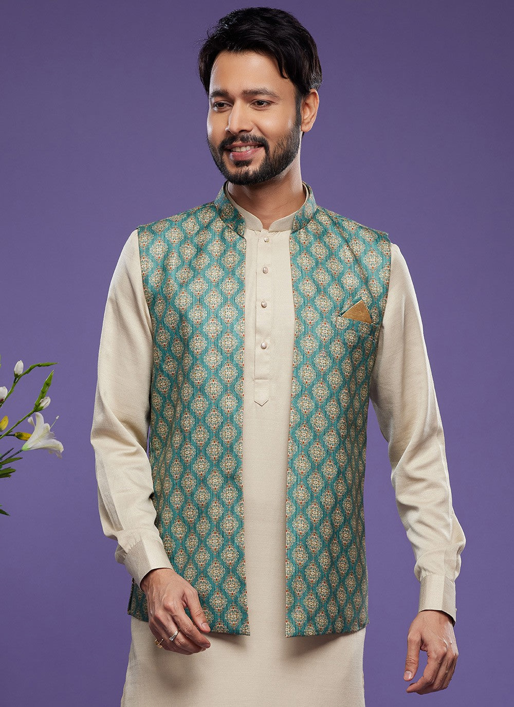 Digital Print Banarasi Silk Green Kurta Payjama With Jacket - M6075