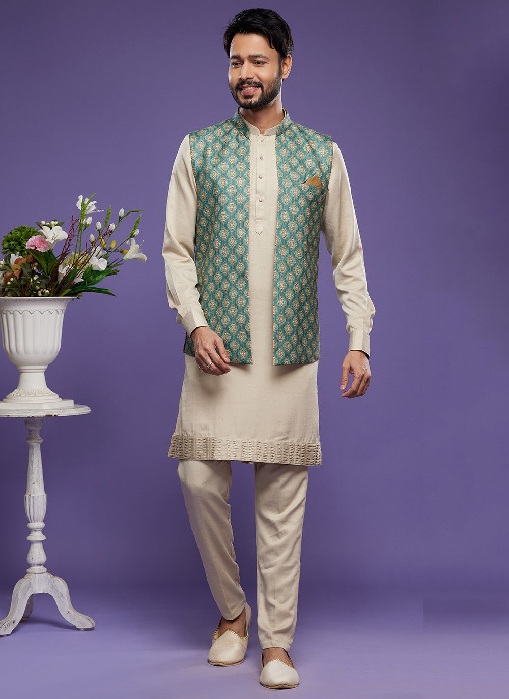 Digital Print Banarasi Silk Green Kurta Payjama With Jacket - M6075