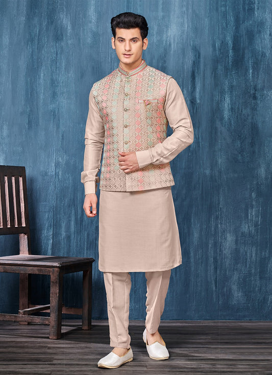 Embroidered Banarasi Silk Beige Kurta Payjama With Jacket - M6406