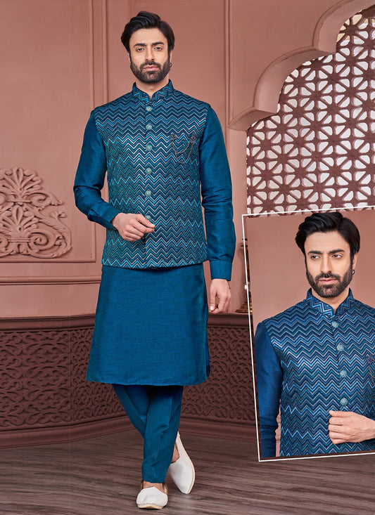 Embroidered Banarasi Silk Blue Kurta Payjama With Jacket - M6419