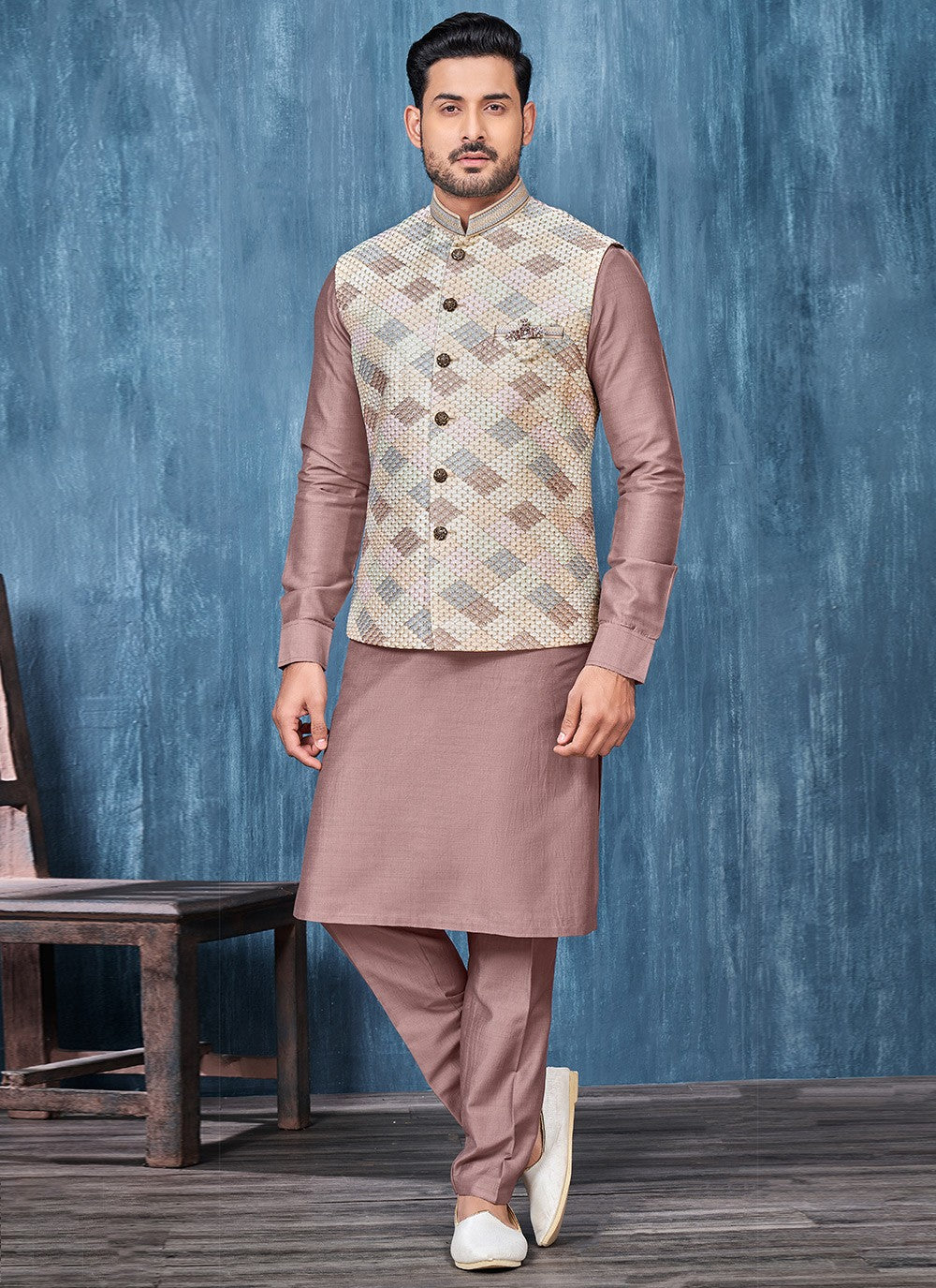 Embroidered Banarasi Silk Brown, Cream Kurta Payjama With Jacket - M6326