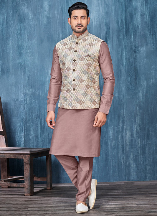 Embroidered Banarasi Silk Brown, Cream Kurta Payjama With Jacket - M6326