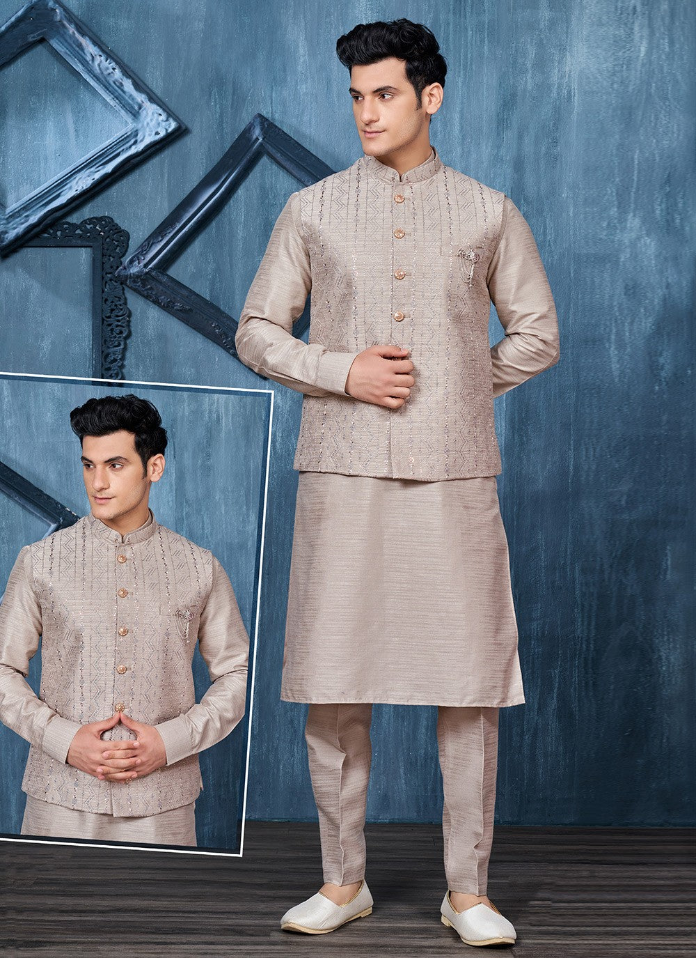 Embroidered Banarasi Silk Brown Kurta Payjama With Jacket - M6310