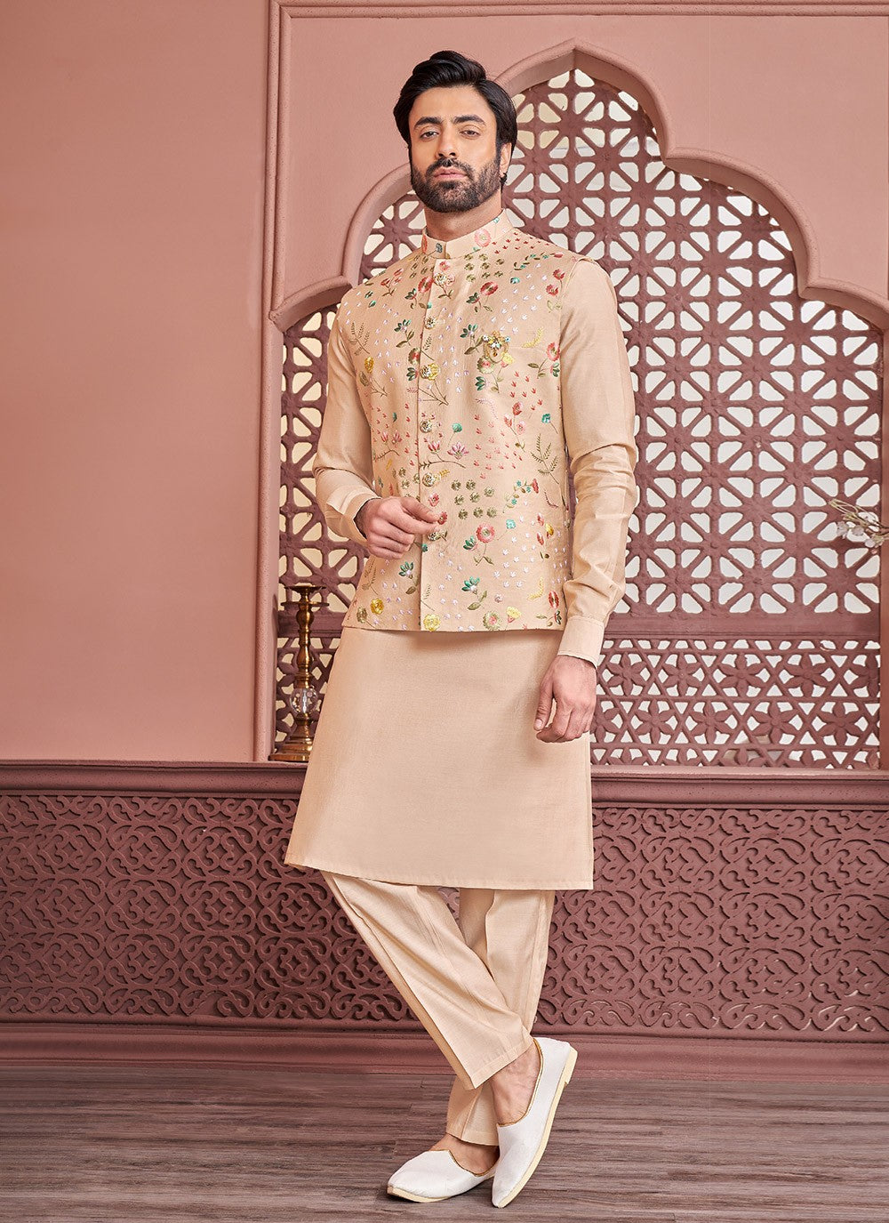Embroidered Banarasi Silk Cream Kurta Payjama With Jacket - M6303