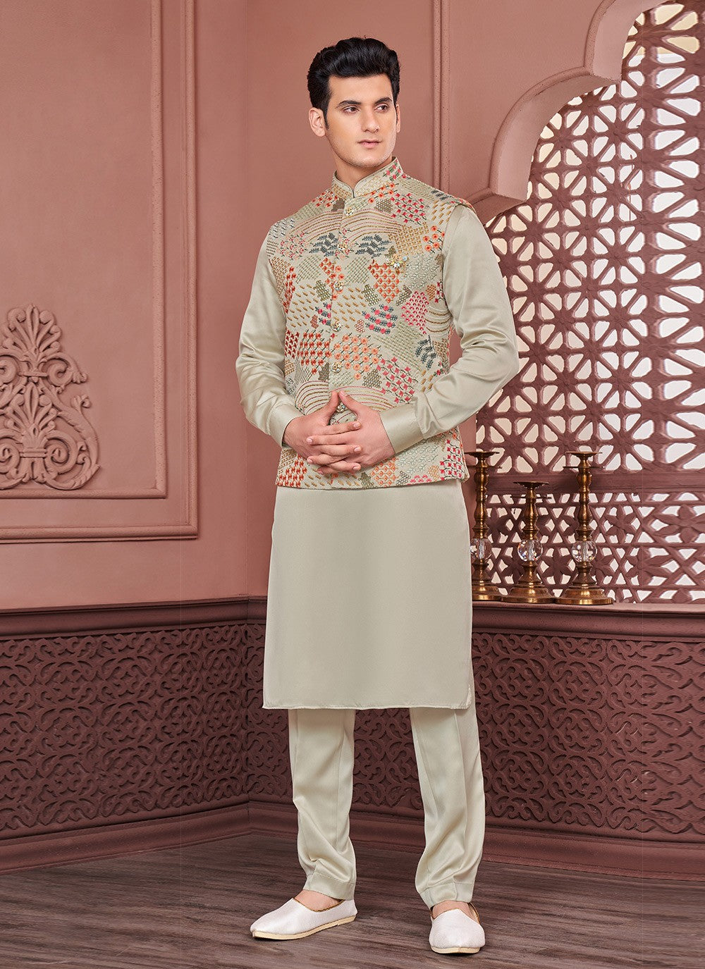 Embroidered Banarasi Silk Green, Multi Colour Kurta Payjama With Jacket - M6330
