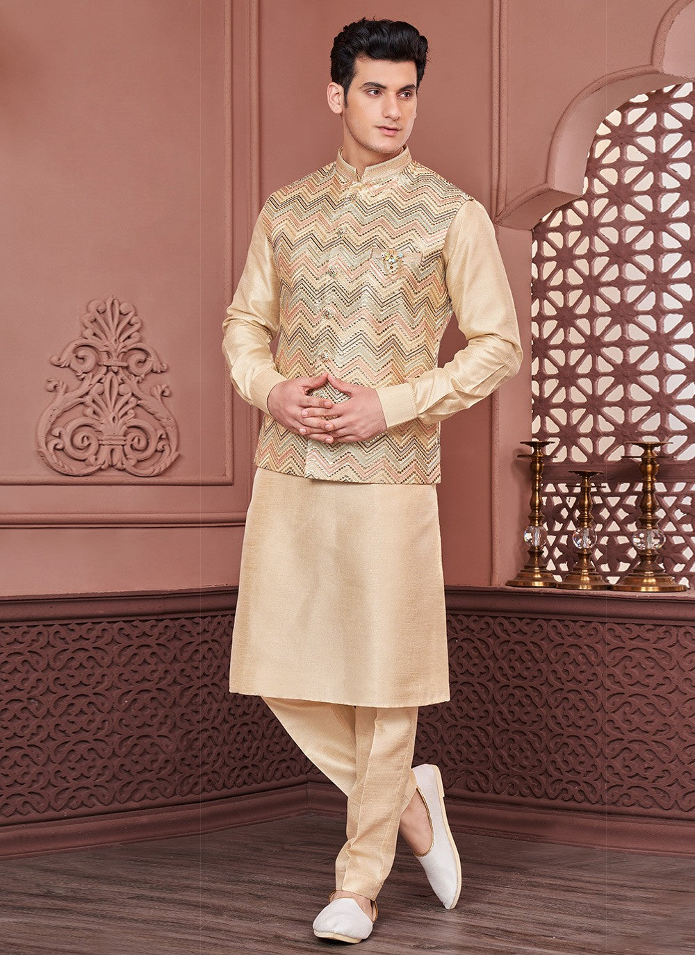 Embroidered Banarasi Silk Multi Colour, Yellow Kurta Payjama With Jacket - M6413