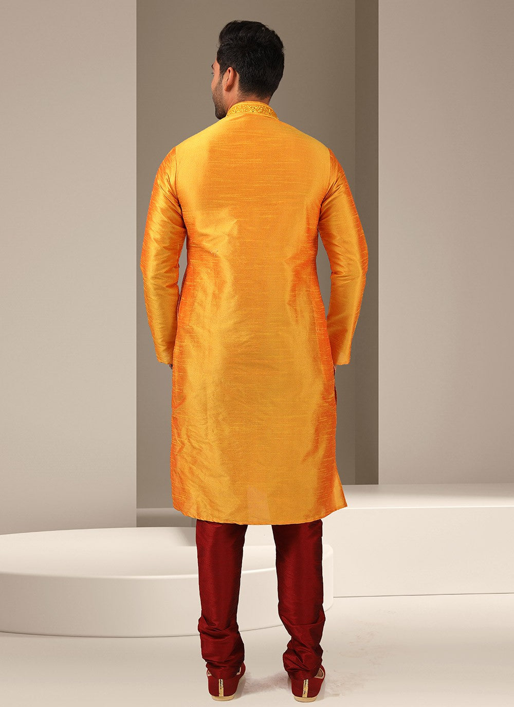 Embroidered Banarasi Silk Orange Kurta Pyjama - M3231
