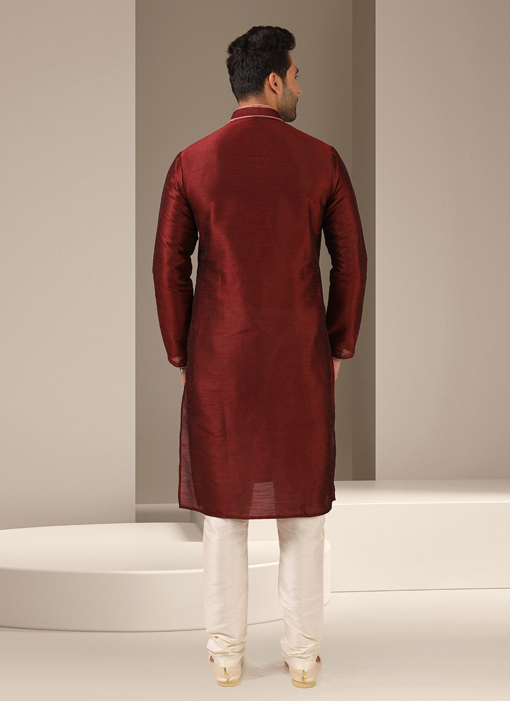 Embroidered Banarasi Silk Maroon Kurta Pyjama - M3247