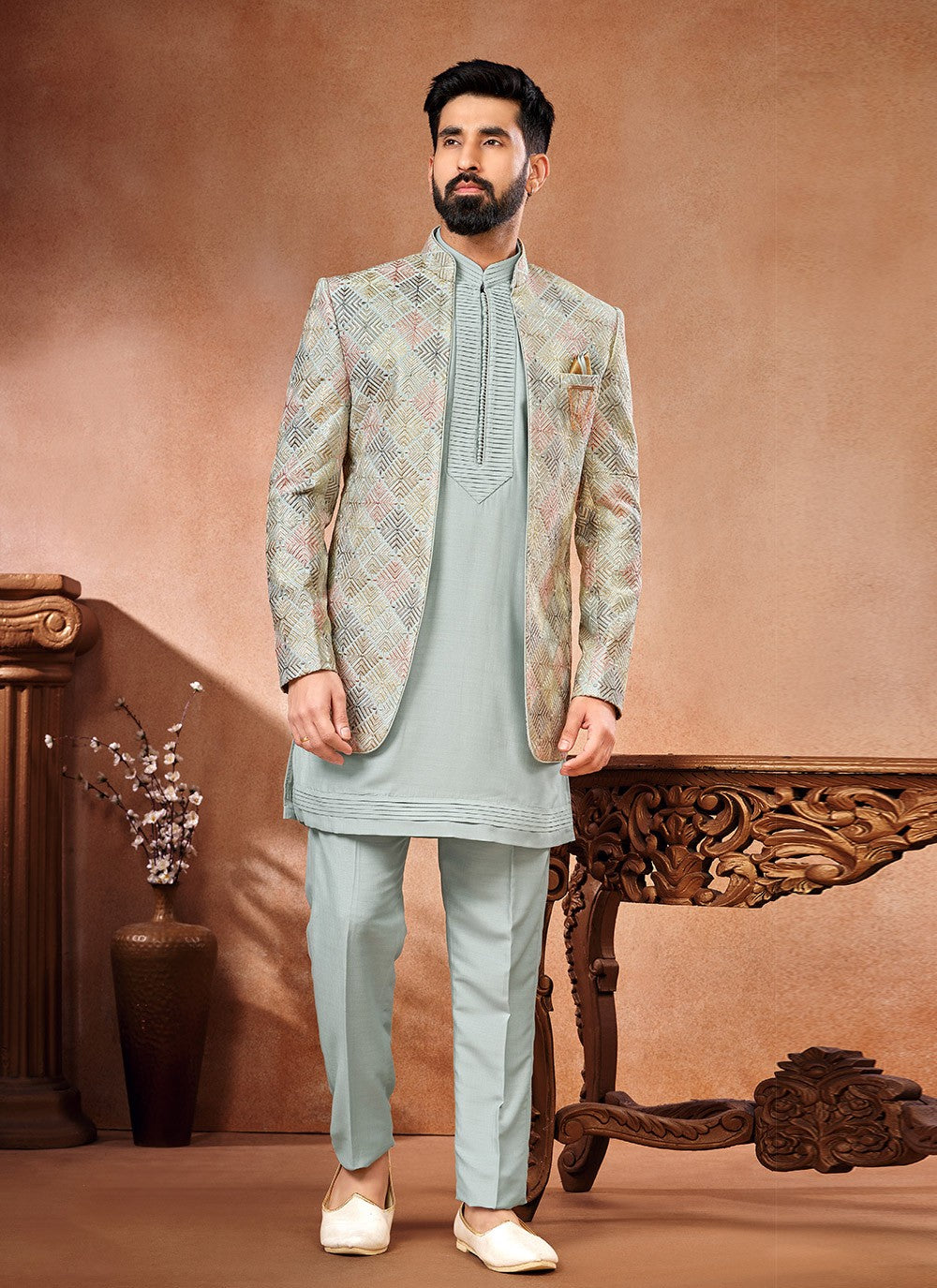 Embroidered Banarasi Silk Grey, Multi Colour Jodhpuri Suit - M6660