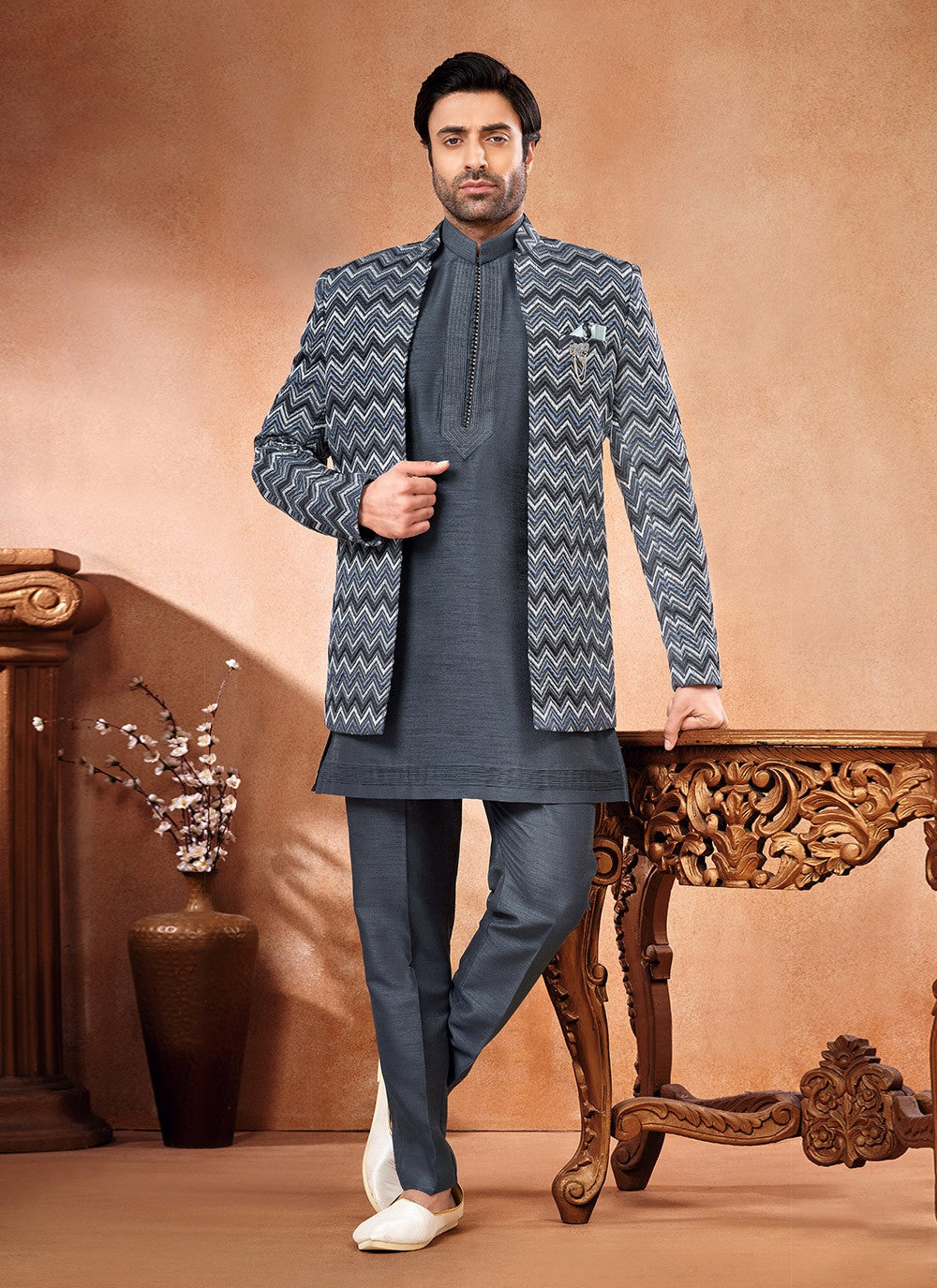 Embroidered Banarasi Silk Grey, Multi Colour Jodhpuri Suit - M6675