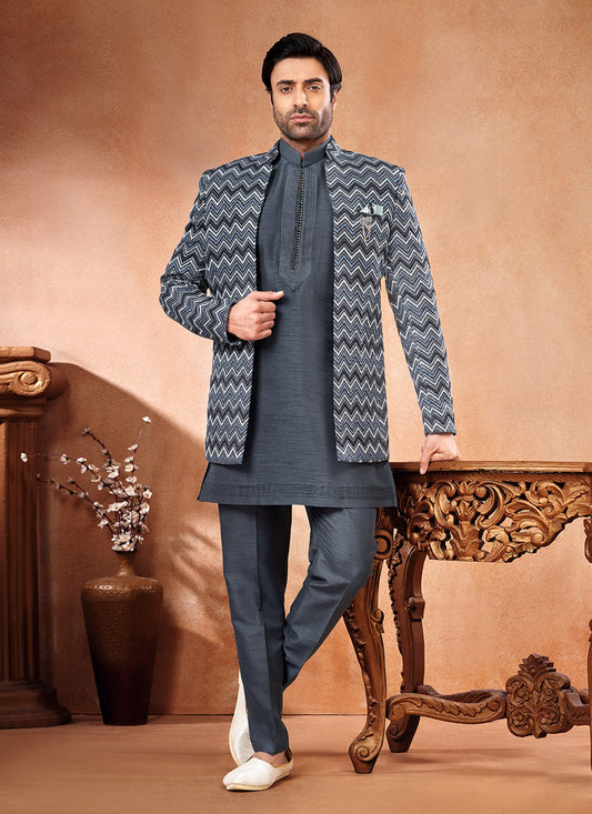 Embroidered Banarasi Silk Grey, Multi Colour Jodhpuri Suit - M6675