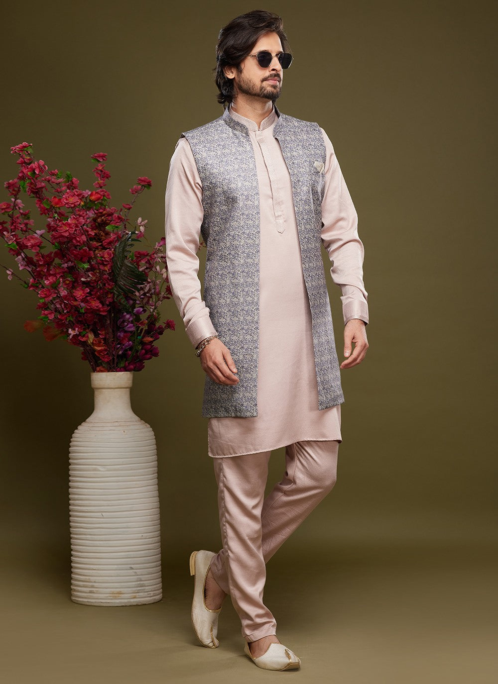 Digital Print Banarasi Silk Grey, Pink Kurta Payjama With Jacket - M6068