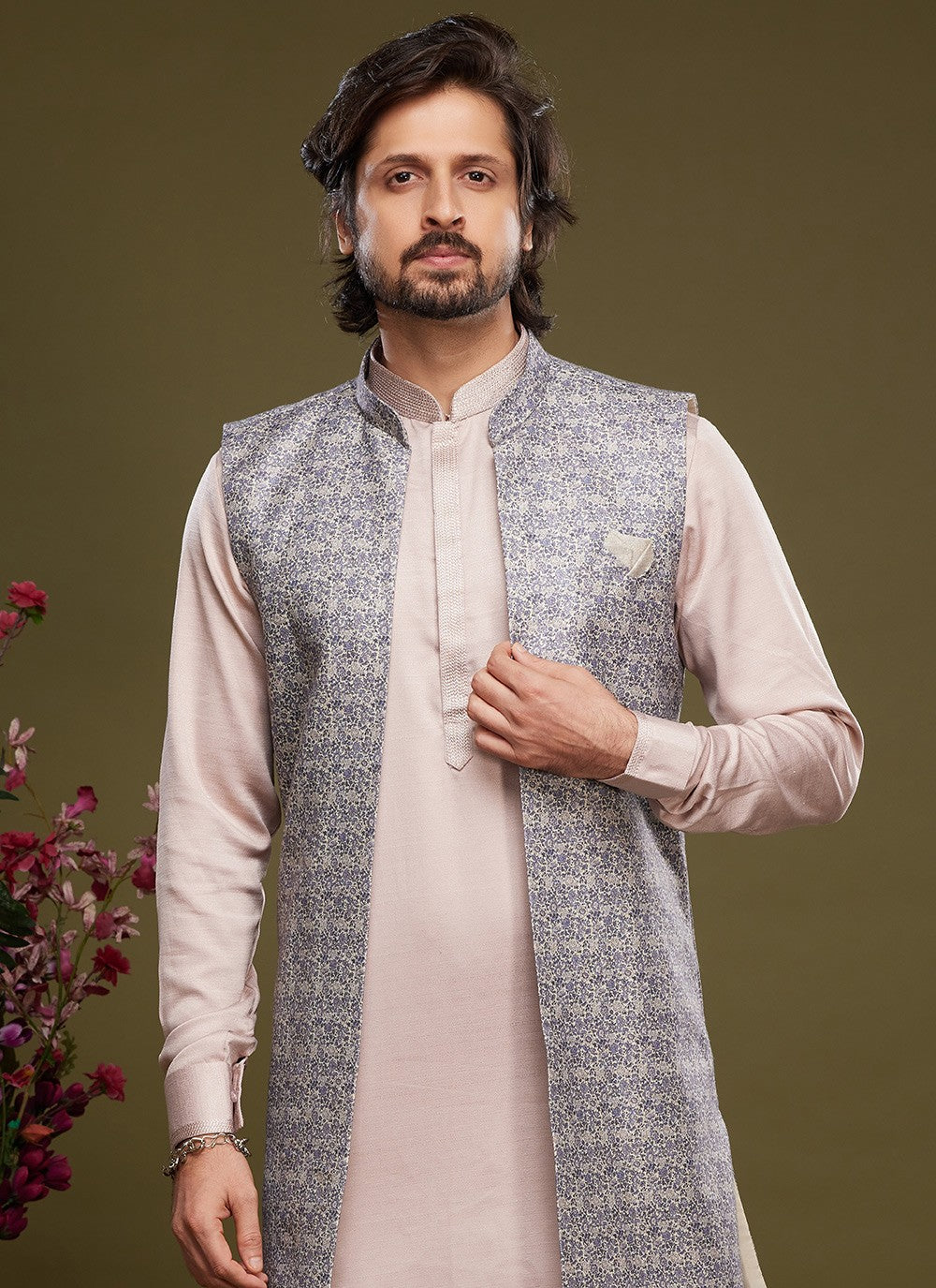 Digital Print Banarasi Silk Grey, Pink Kurta Payjama With Jacket - M6068