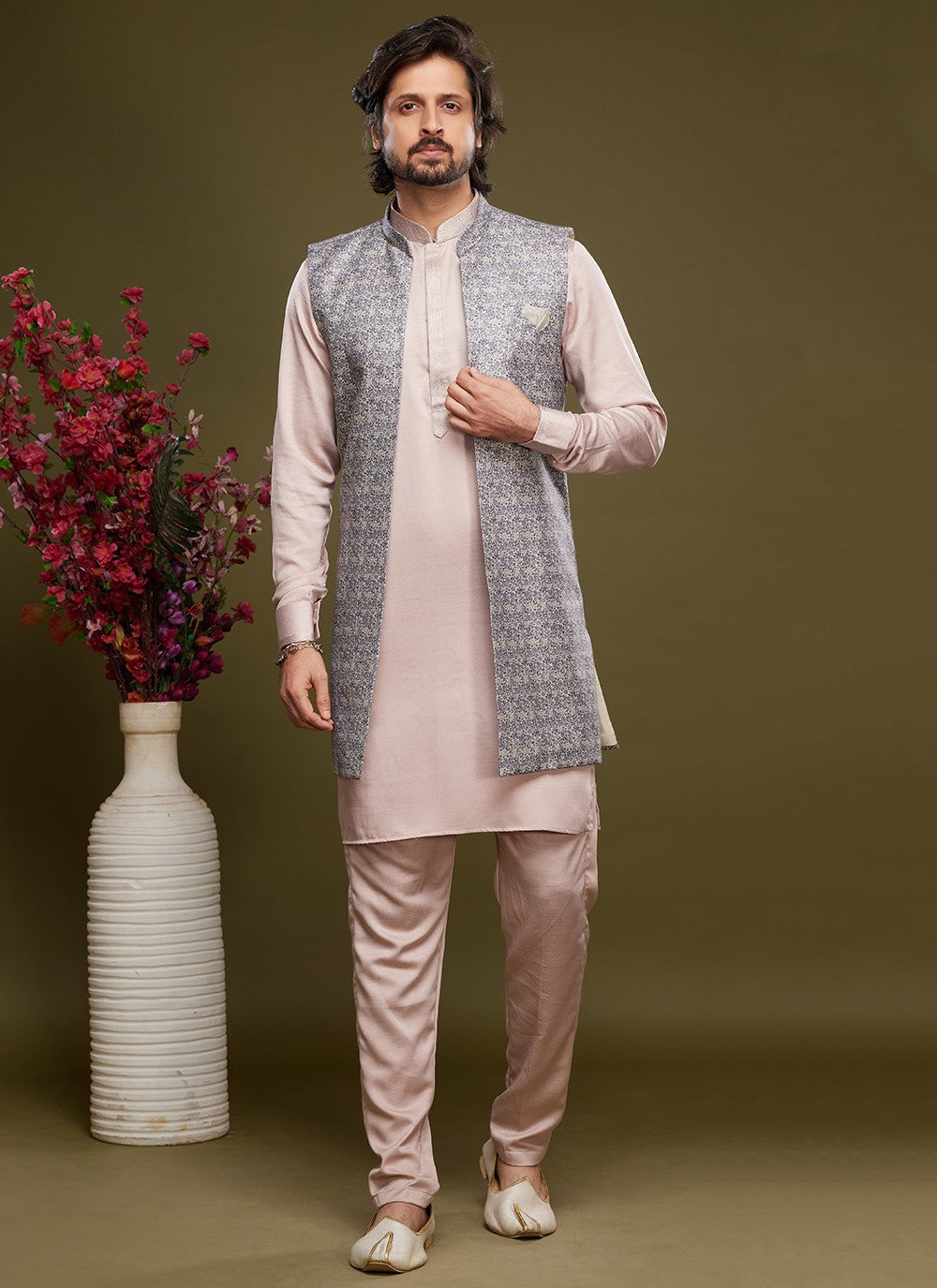 Digital Print Banarasi Silk Grey, Pink Kurta Payjama With Jacket - M6068