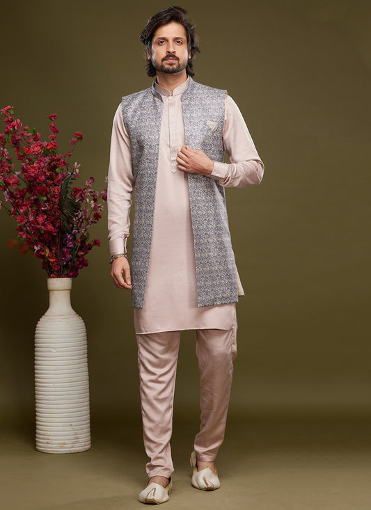 Digital Print Banarasi Silk Grey, Pink Kurta Payjama With Jacket - M6068