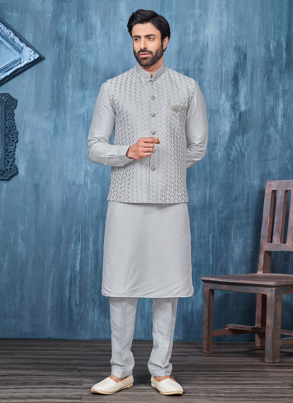 Embroidered Banarasi Silk Grey Kurta Payjama With Jacket - M6410