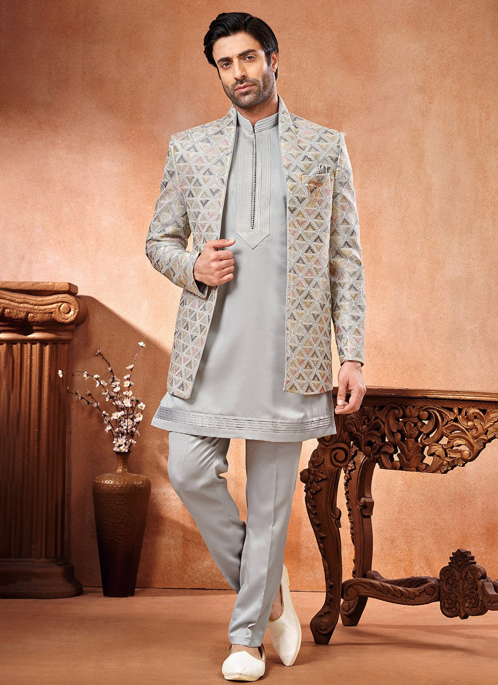 Embroidered Banarasi Silk Grey, Multi Colour Jodhpuri Suit - M6665