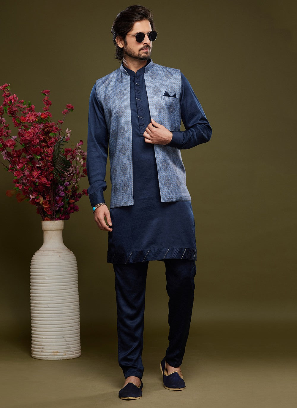 Digital Print Banarasi Silk Blue, Silver Kurta Payjama With Jacket - M6072