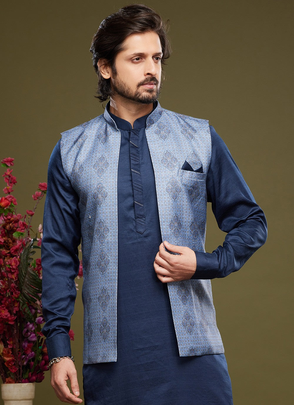 Digital Print Banarasi Silk Blue, Silver Kurta Payjama With Jacket - M6072