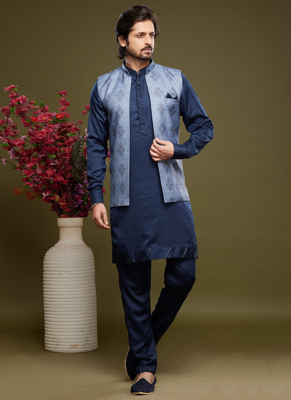 Digital Print Banarasi Silk Blue, Silver Kurta Payjama With Jacket - M6072