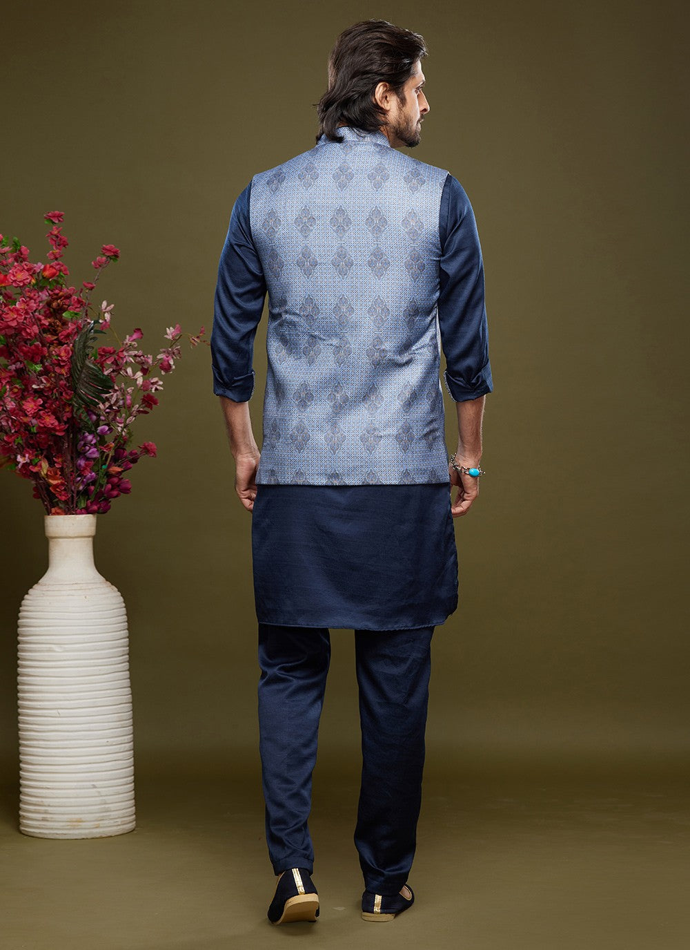 Digital Print Banarasi Silk Blue, Silver Kurta Payjama With Jacket - M6072