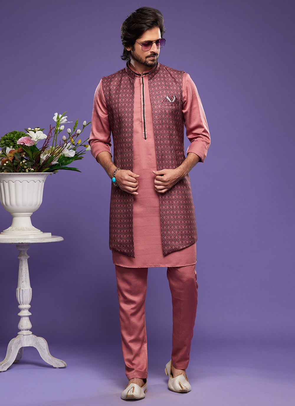 Digital Print Banarasi Silk Maroon, Pink Kurta Payjama With Jacket - M6065