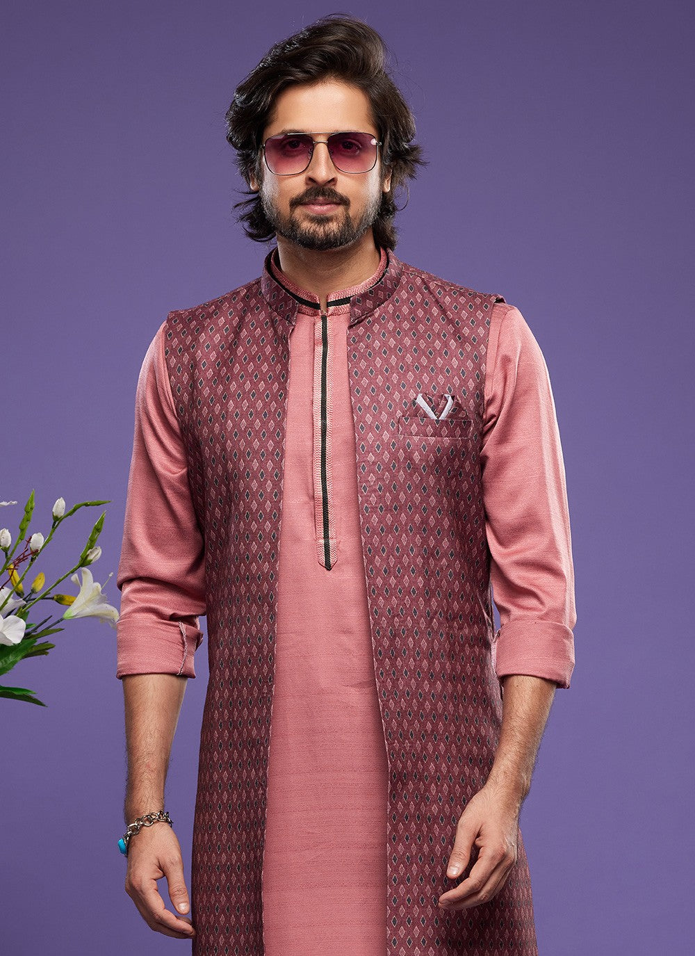 Digital Print Banarasi Silk Maroon, Pink Kurta Payjama With Jacket - M6065