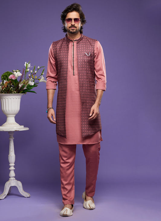 Digital Print Banarasi Silk Maroon, Pink Kurta Payjama With Jacket - M6065