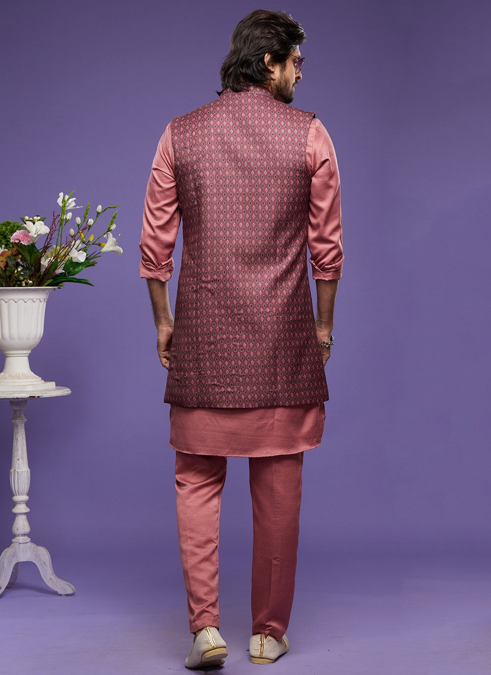 Digital Print Banarasi Silk Maroon, Pink Kurta Payjama With Jacket - M6065