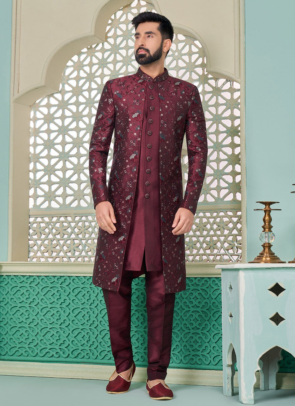 Embroidered Banarasi Silk Maroon Indo Western - M7294