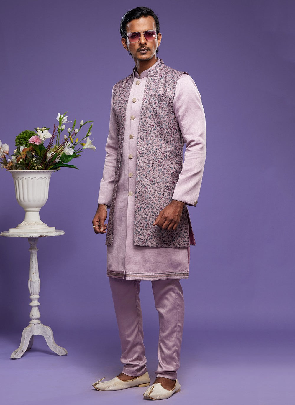 Digital Print Banarasi Silk Mauve Kurta Payjama With Jacket - M6060